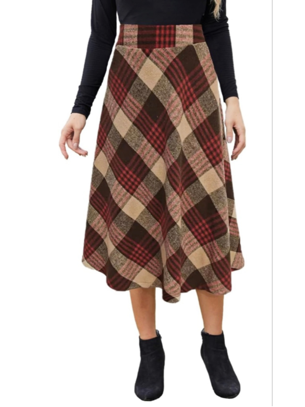 NEW Winter Midi Plaid Skirt High Elastic Waist A-line Flowy Winter M